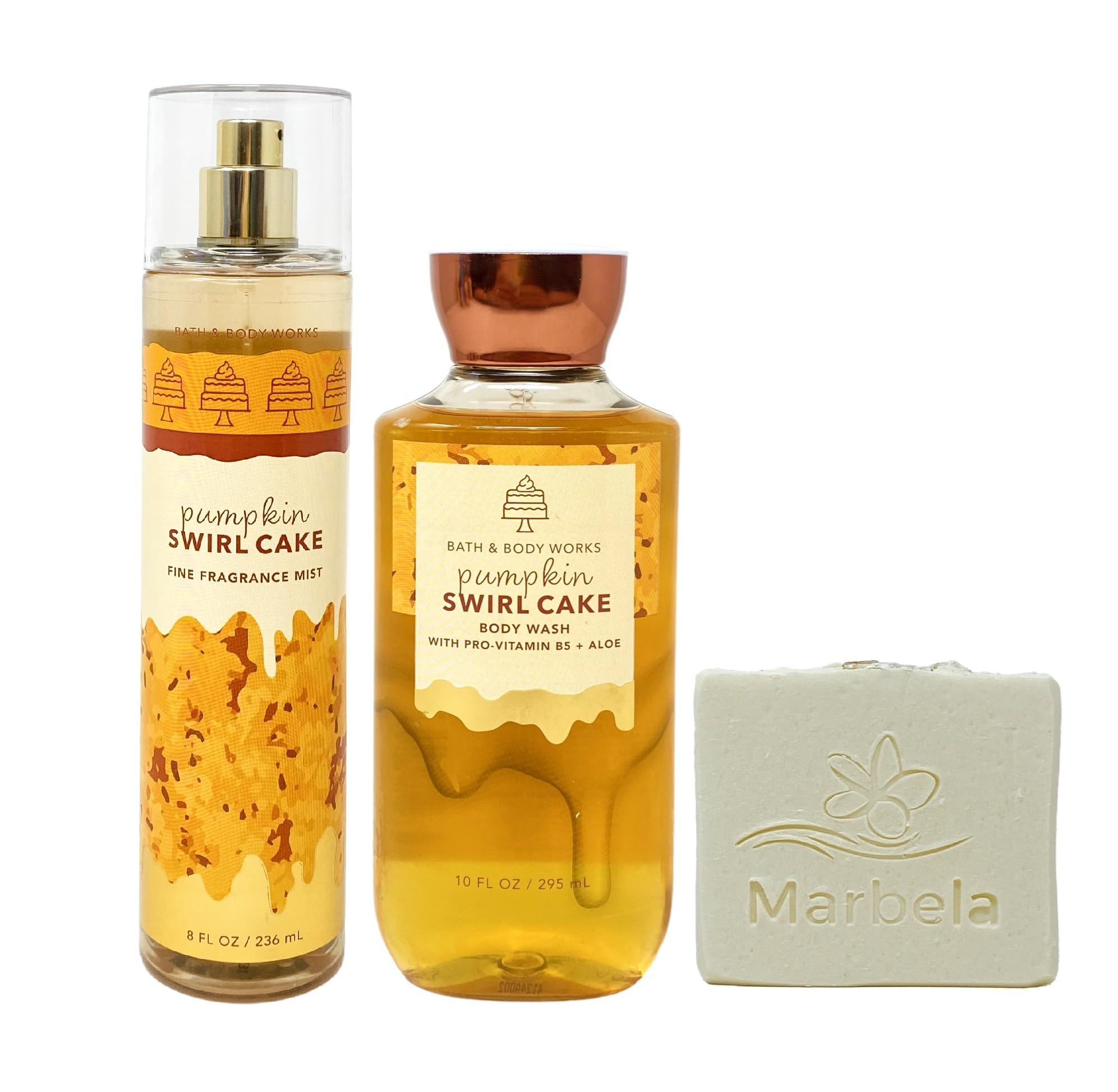 Bath & Body Works Pumpkin Swirl Cake Fragrance Mist and Body Wash Gift Set Bundle with a Natural Oats Bar Soap - Full Size