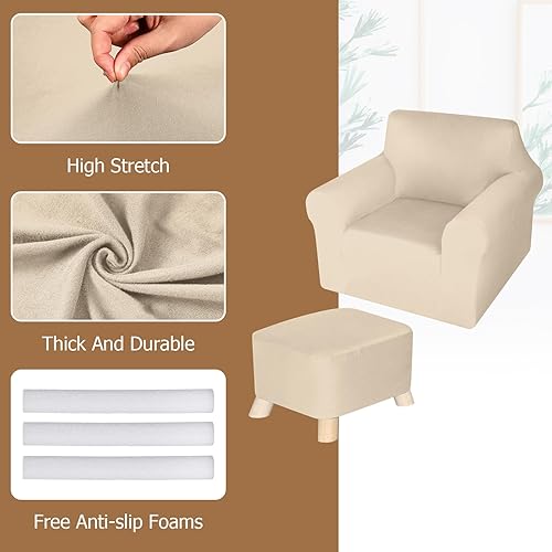 Miniatura 4 de Juego de fundas para silla y otomana, funda de cojín en forma de T, de seda de leche, protector de muebles, sofá suave para sillón otomano (Begie)