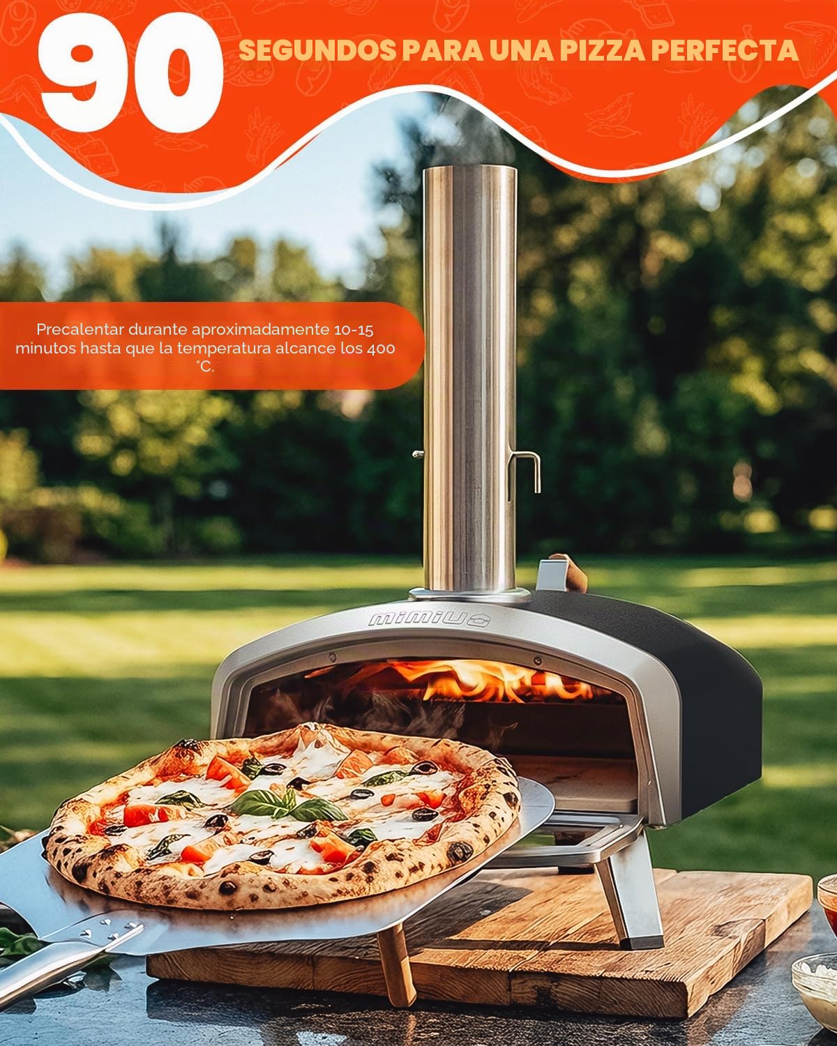 Mimiuo Horno Pizza Exterior Leña y Carbón – Horno Portátil de Acero Inoxidable con Ventana de Visualización y Termómetro LCD, 90s Horneado Rápido, Gran Capacidad para Pizza Napolitana Auténtica