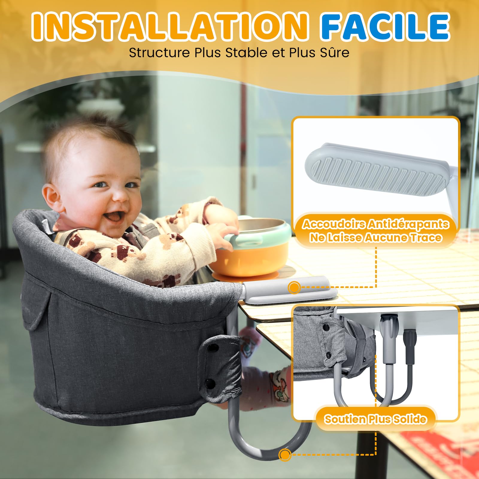 Orzbow Chaise Bebe de Table, Siège de Table pour Bébé avec Harnais 5 Points, Rembourrage Supplémentaire pour la Sangle d'épaule, pour Maison et Voyage, Gris Classique