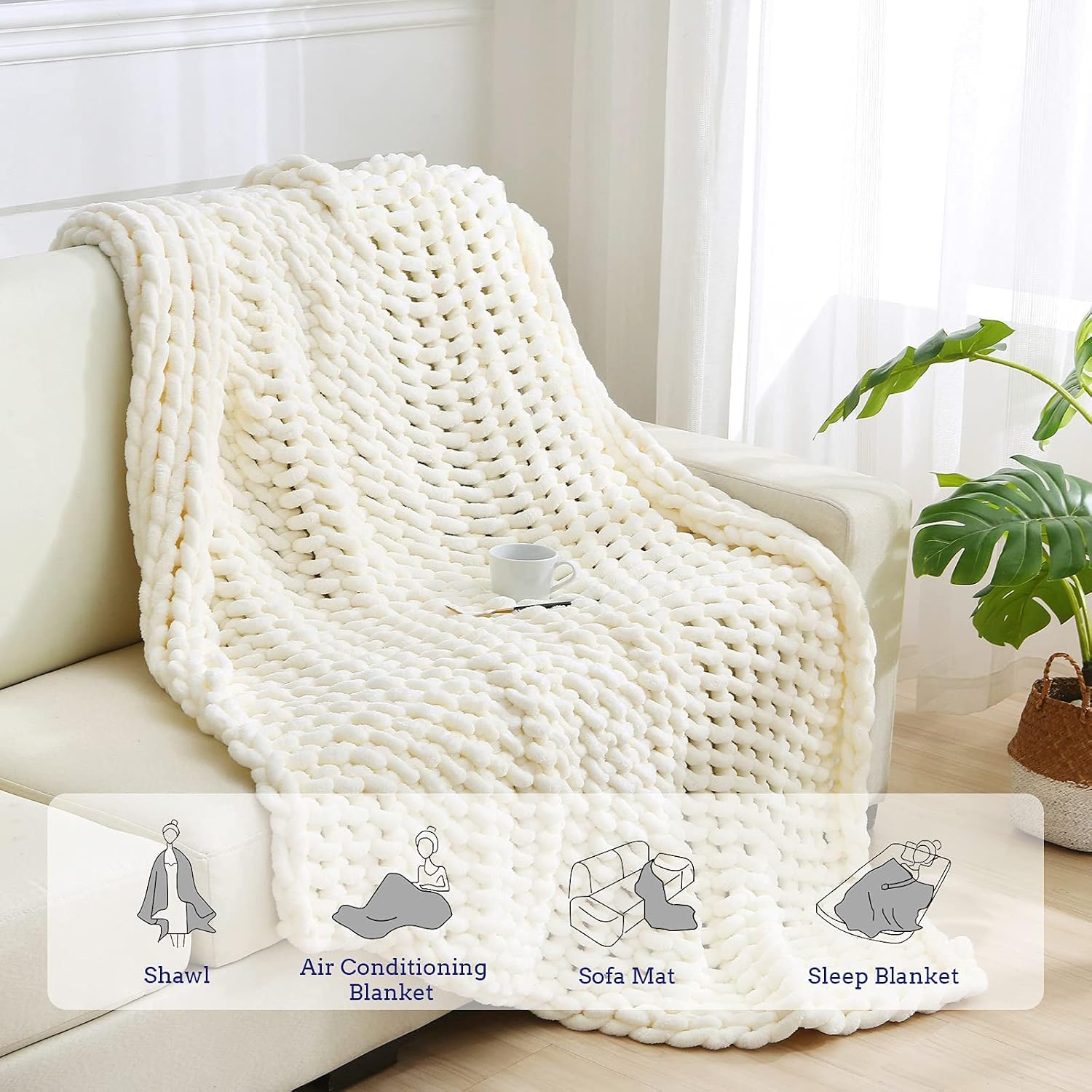 ZonLi White Chunky Knit Blanket, Handmade Luxury Chenille Blanket, Soft Cozy Woven Blanket for Sleep, Tight Braided Thick Cable Knitted Cream Throw Blankets for Farmhouse Decor (80''x 60'', 10LB)