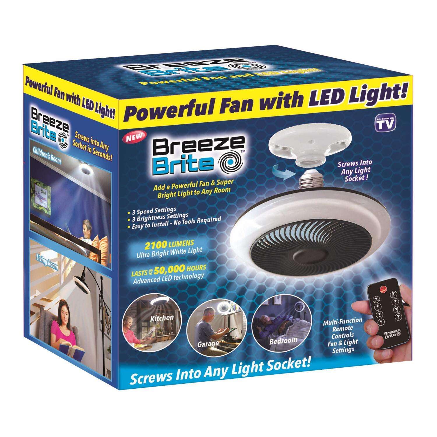 Breeze Brite Ceiling Fan with LED Light, No Tools - Screw into any light socket 3 Speed Settings, 3 Brightness Settings up to 2100 Lumens Includes Multi Function Remote