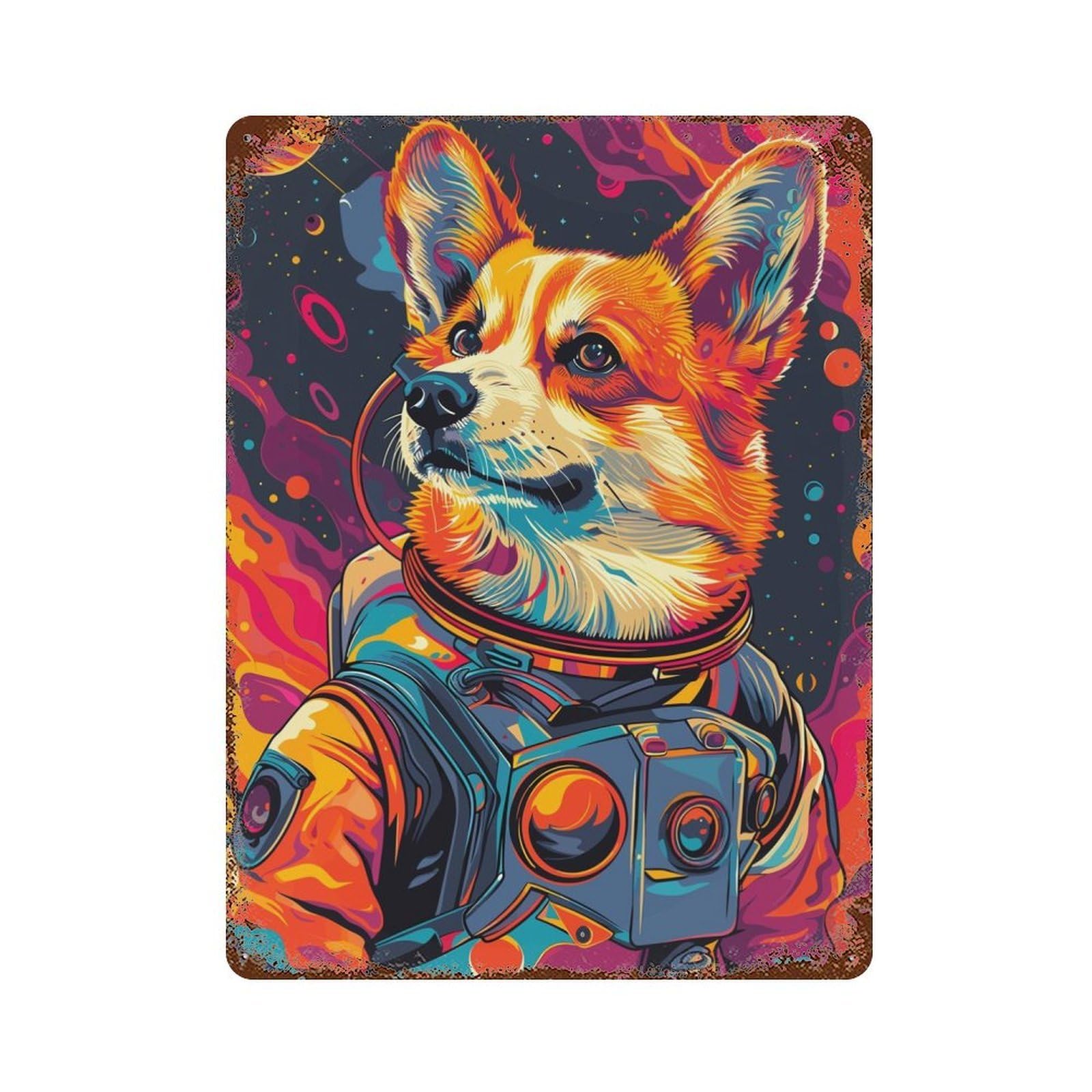 Vintage Rust Metal Sign Astronaut Space Corgi 15.7"x11.8", Decorative Metal Wall Art for Basement, Hobby Room And Garage Decor