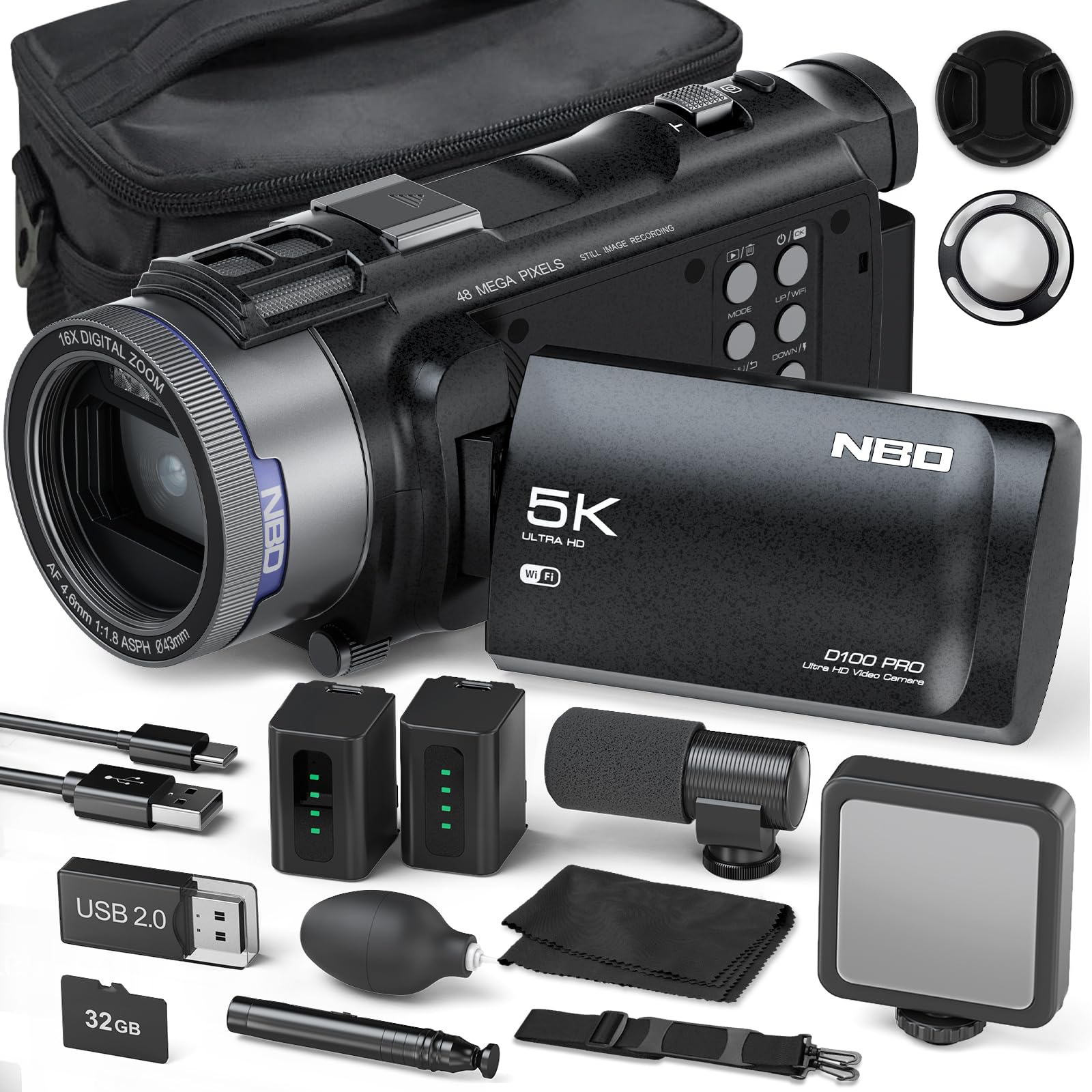 Videocamera 5K 48MP Videocamera Videocamera 16X Zoom Digitale Vlogging Registratore per Youtube Anti-shake con 3 pollici 270 ° IPS Screen WI-FI Video Recorder Cam Corder con 2 Batterie, 32GB TF Card