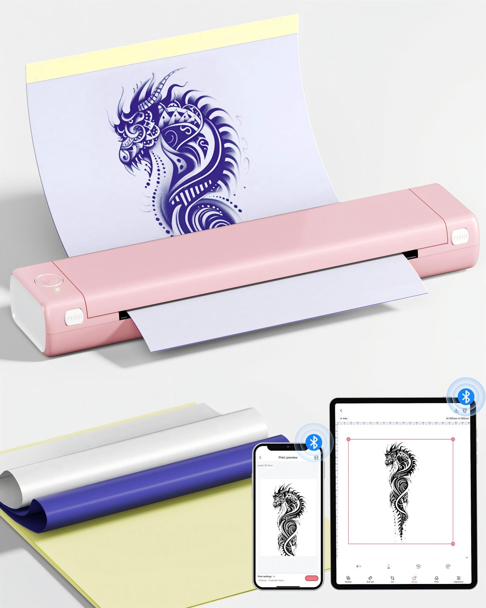 Tattoo Drucker, Tattoo Stencil Drucker mit 10 Blatt Stencil Papier für Tattooing, Thermodrucker Tattoo Kompatibel mit IPad & Telefon & PC für Tattoo Künstler und Anfänger DIY Tattoos, Rosa