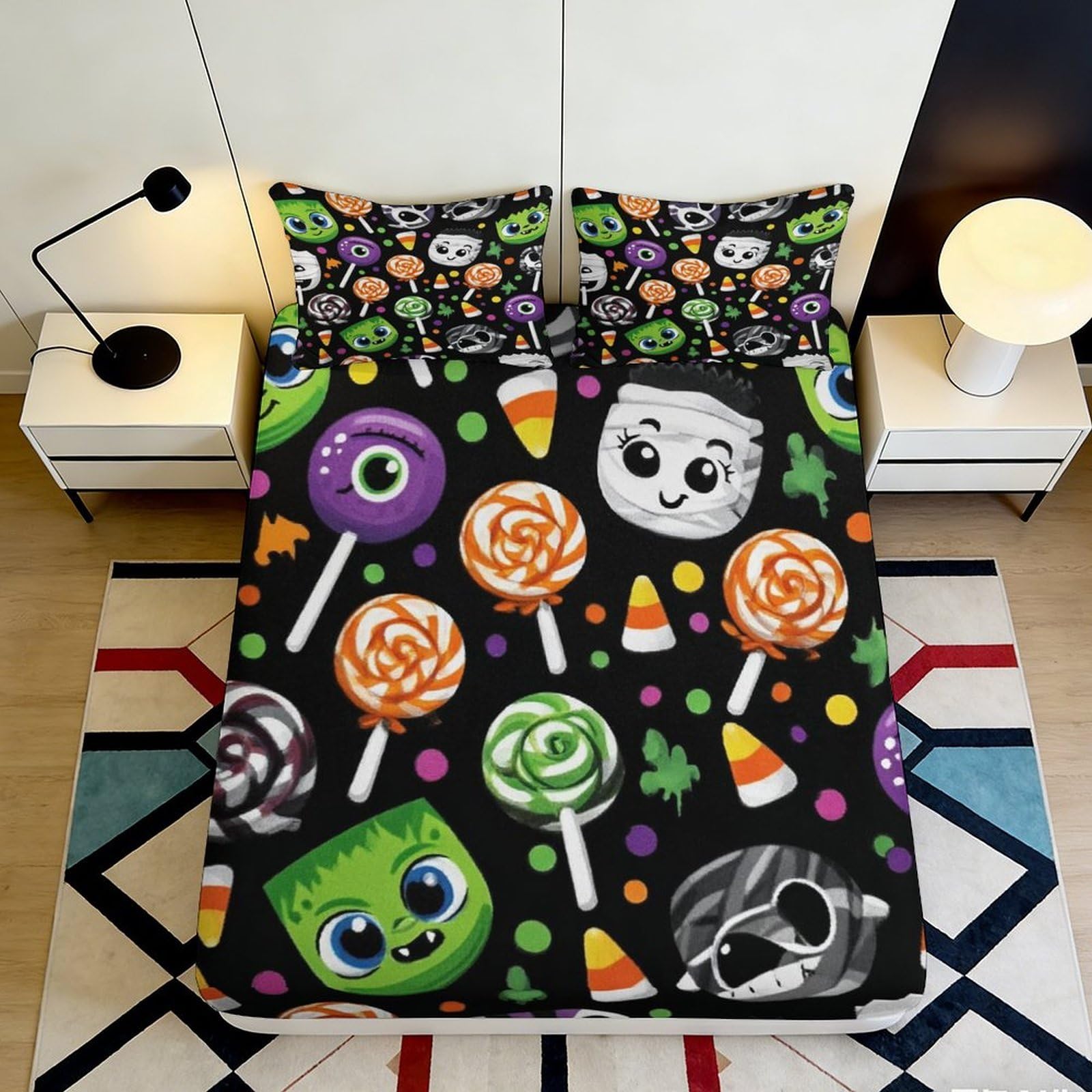 3D Printed Halloween Candy Fitted Sheet Microfiber Soft Cartoon Monster Mattress Cover for Bedroom Dorm Bed Decor 120x200x25cm