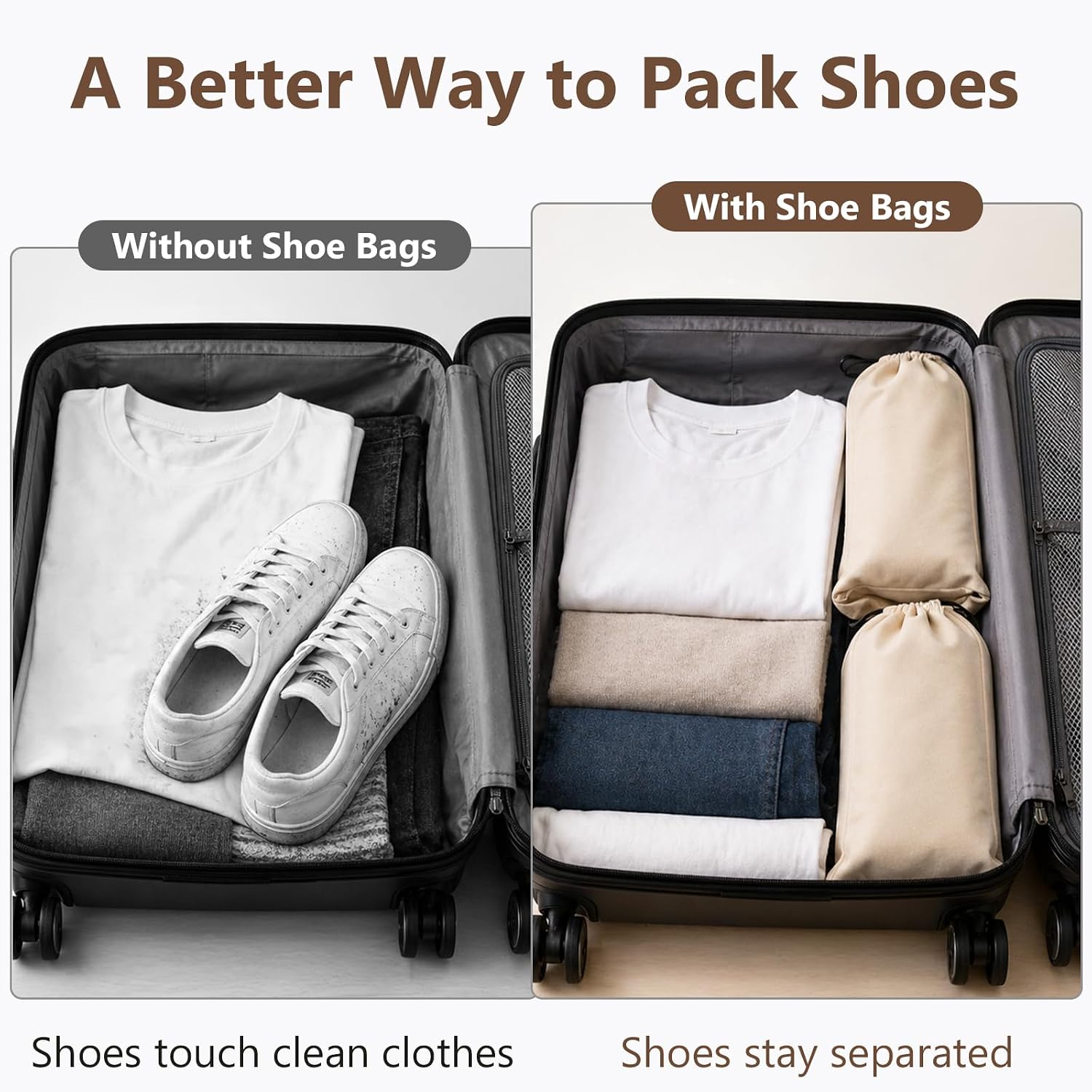 Merkfo 8-Pack Shoe Bags for Travel, One Shoe Per Bag, Fits Size 13 | Soft Drawstring Fabric Bags | 17.7 x 9.1 in | For Suitcase Packing, Gym Bags, and Closet Storage