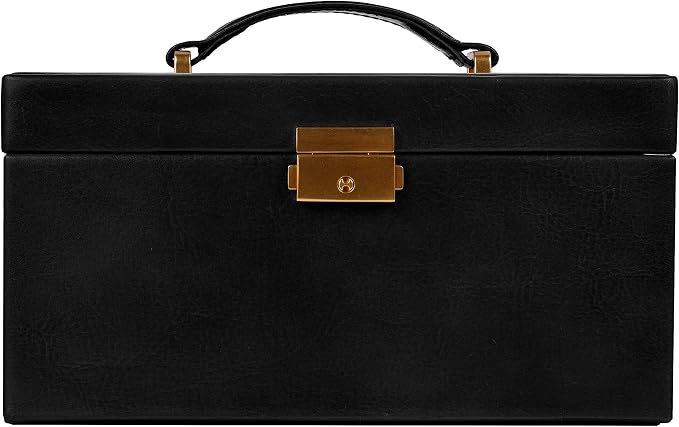 Time Resistance Leder Schmuckkästchen - Schwarz Schmuckaufbewahrung - Schmuck Verstauen - Schmuckkasten mit Spiegel - Schmuck Organizer mit Vielen Fächern - Jewelry Box