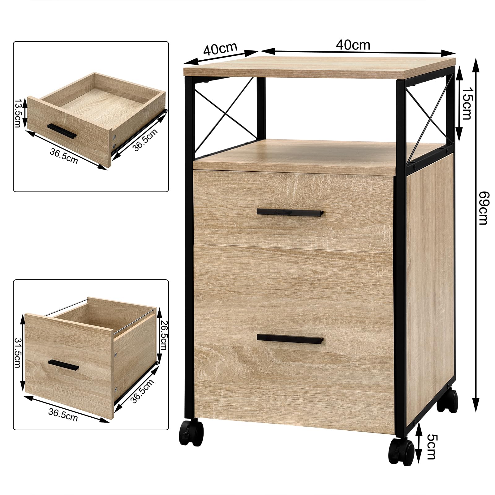 WOLTU Caisson de Bureau à roulettes, Armoire Mobile à 2 Tiroirs avec 1 Compartiment Ouvert, Meuble de Rangement pour Dossiers, Documents A4, Effet Bois Clair, 40x40x69cm, ASK09hei