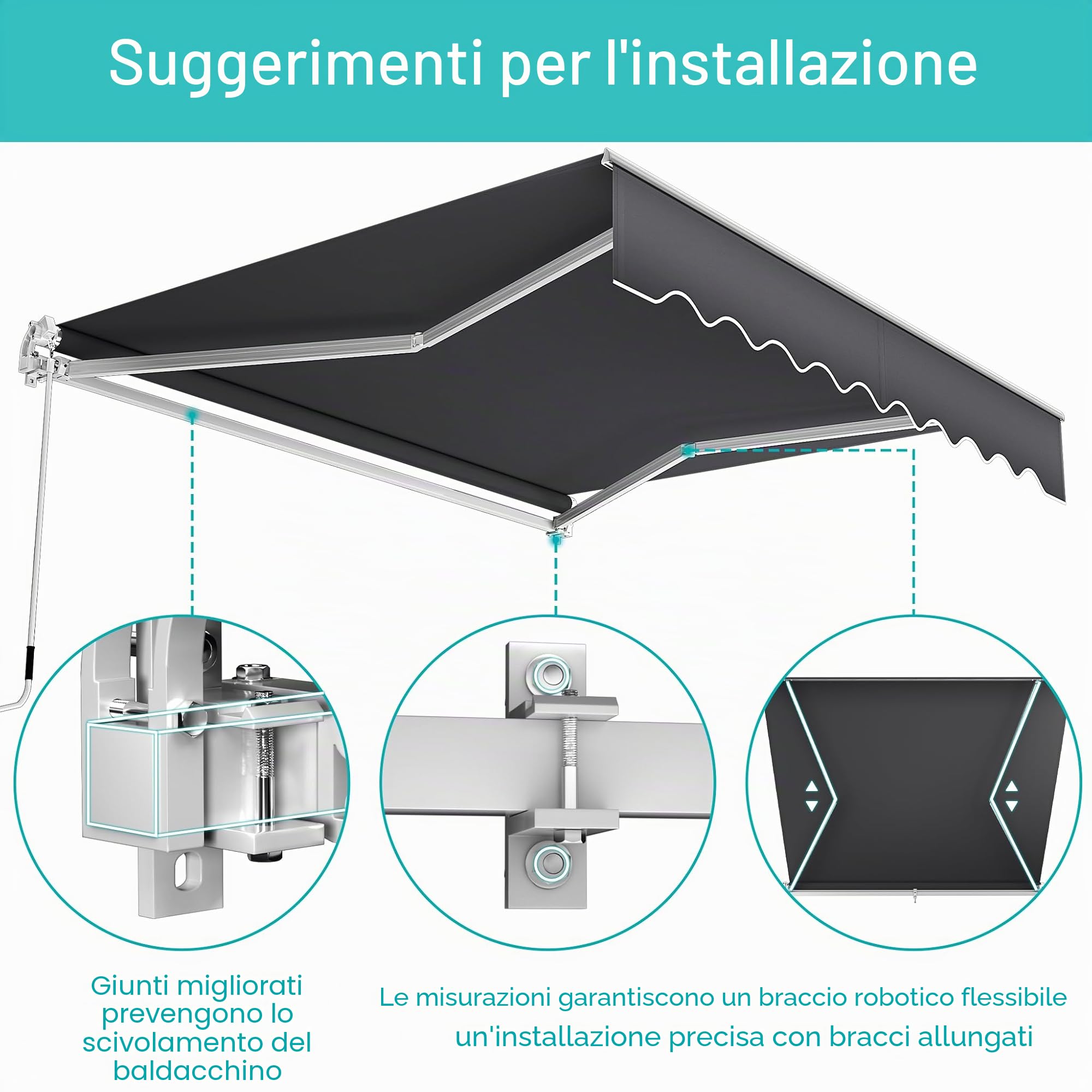 Aufun Tenda da Sole per Esterno Avvolgibile, Tenda da Esterno a Bracci Estensibili con Manovella Manuale, anti-UV impermeabile per Balcone e Terrazzo (360x300 cm, grigio scuro)