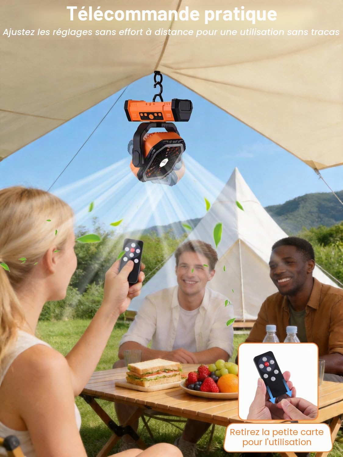 Kssvzz Ventilateur Camping 30000 mAh avec LED, Ventilateur Portable Rechargeable à 4 Vitesses avec Télécommande et Crochet, Ventilateur de Table USB avec Minuterie, Idéal pour Voyages,Barbecue, Pêche