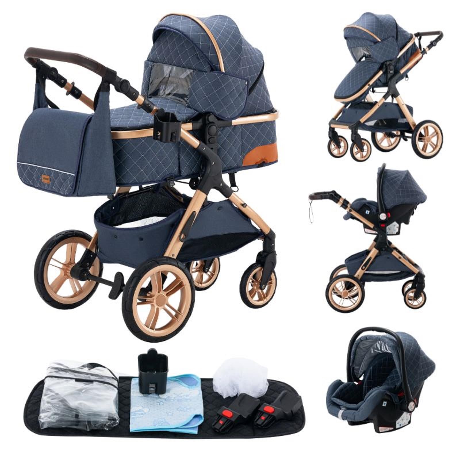 GLOKID Poussettes 3 en 1 Citadines Poussettes Combinées Poussette Tricycle Baby Walker Poussette Haute Paysage Poussettes Pliantes Trolley Bébé Landau pour 0-36 (XX1 Bleu)