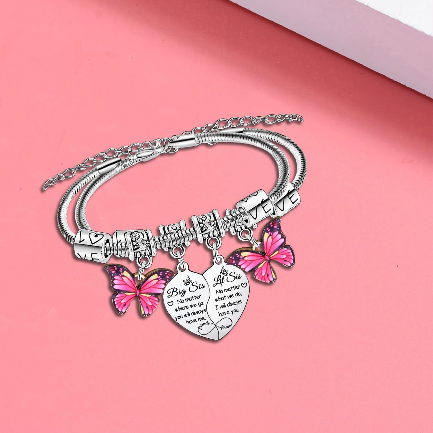 Wimeiren Sister Bracelet Big Sis Lil Sis Bracelets Set for 2 Heart Matching Butterfly Charm Jewelry for Sisters Christmas Birthday Graduation Gifts for Women Sister Long Distance Gift - Image 2