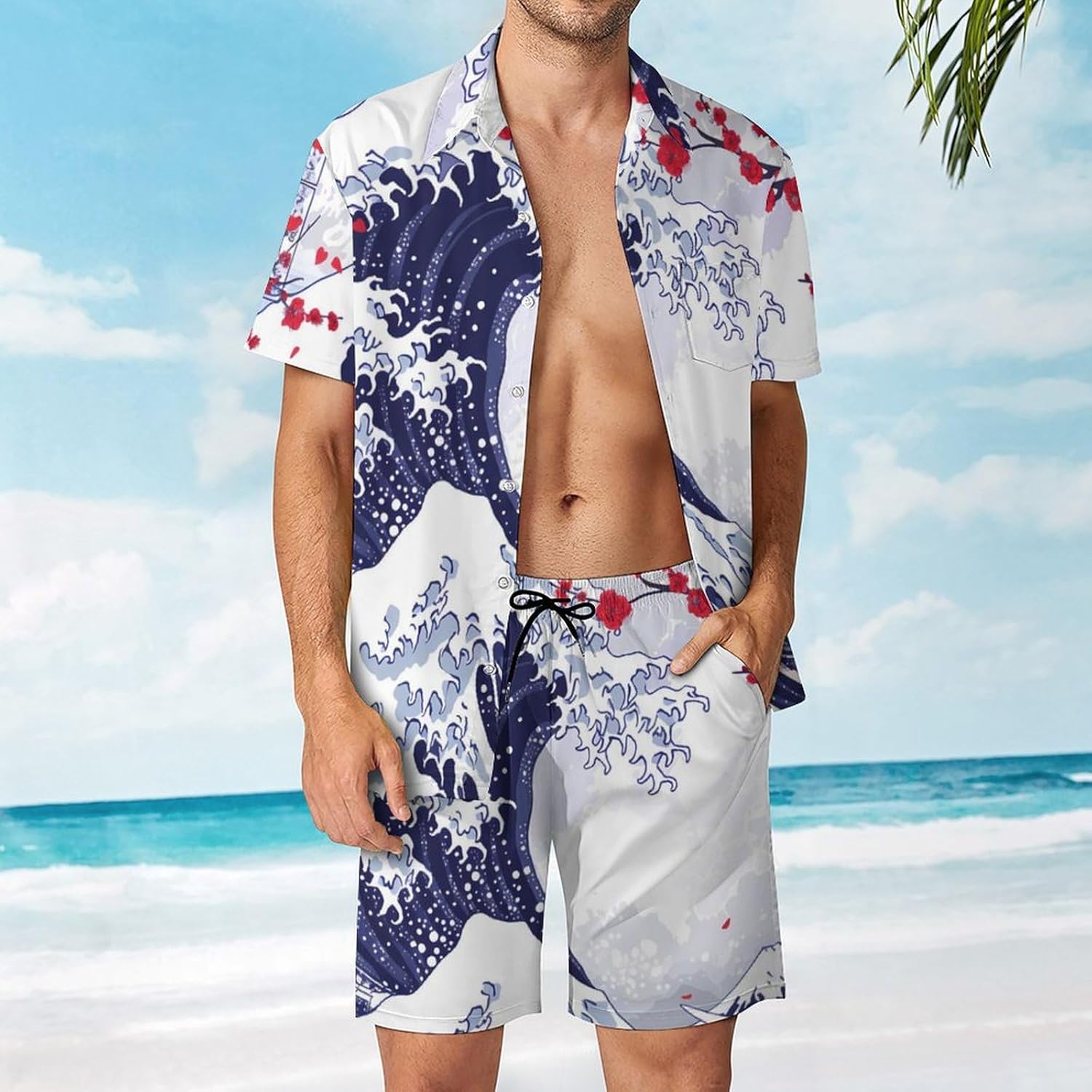 Japanese Great Wave Cherry Men's Summer Beach Outfits Shirt And Shorts Set 2 Piece Vacation Swimwear