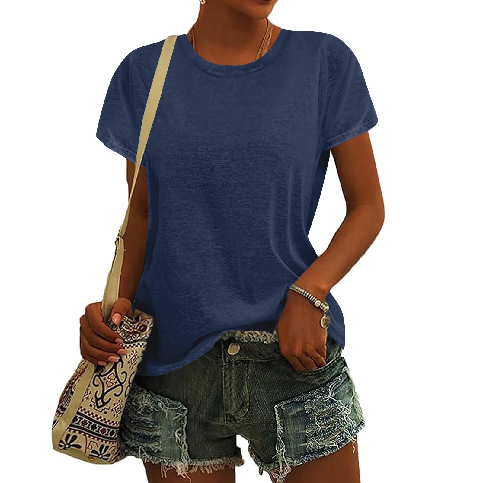 Femme T-Shirt Col Rond Manche Courte Eté Décontracté Tee Shirt Femmes Couleur Unie T Shirts Hauts Tuniques de Base D'été Lâches