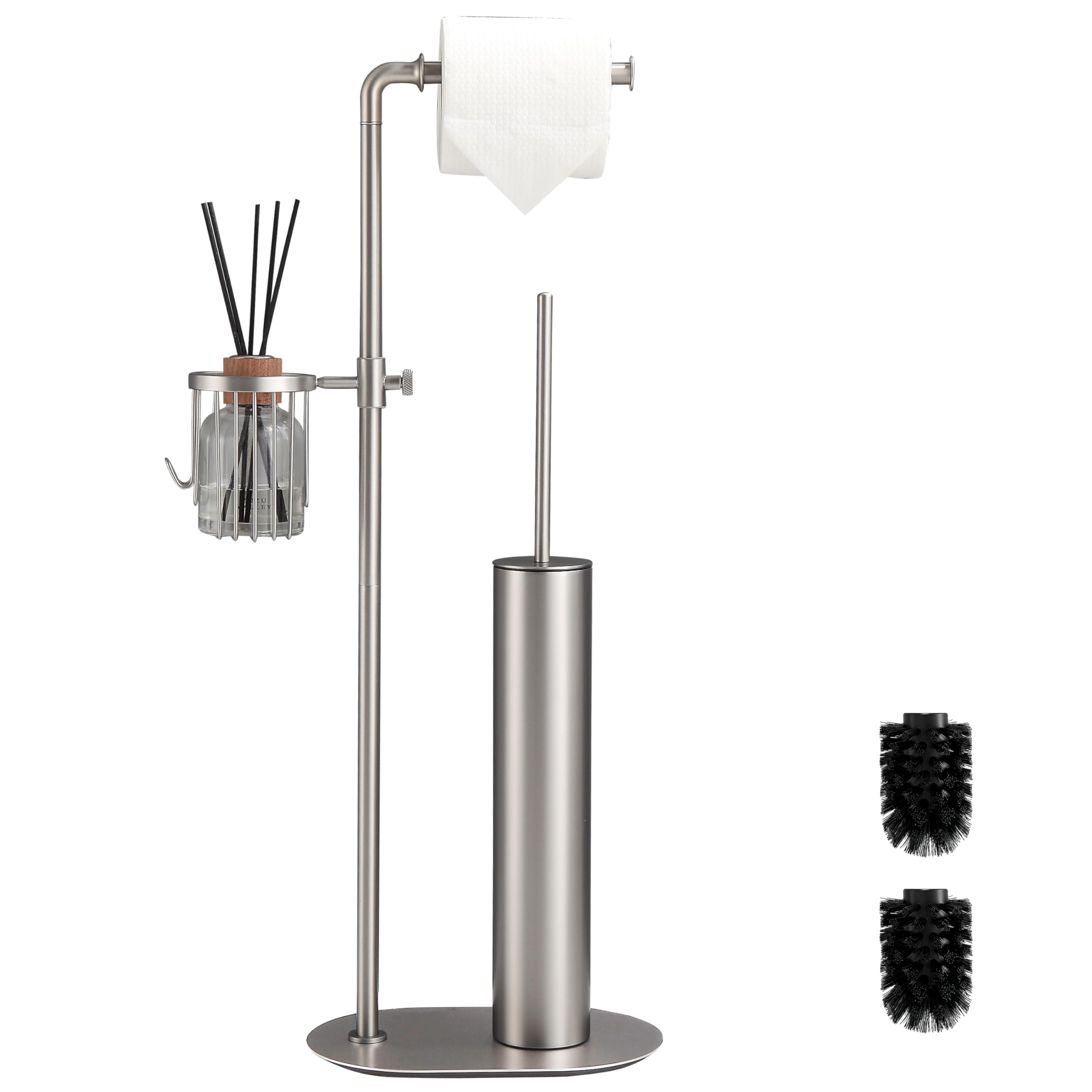 BVL Porta Carta Igienica e Scopino Nichel, Portacartaigienica Bagno in Acciaio Inox con Pratico Cestello Portaoggetti a 360°, Scopino Bagno WC con Porta Carta Igienica