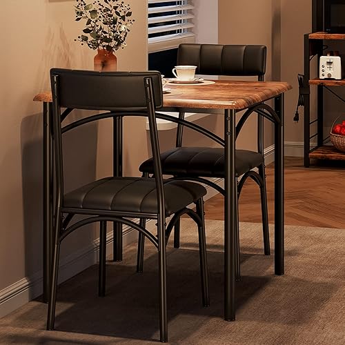 Alkmaar Juego de mesa de cocina para 2, juego de mesa de comedor de 3 piezas, juego de mesa de comedor cuadrada de metal y madera con 2 sillas