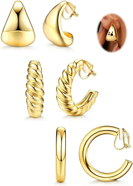 BESTEEL 3Pairs Clip on Earrings for Women Trendy Hypoallergenic 14K Gold Plated Chunky Tube Croissant Waterdrop Clip-on Hoop Earrings Set Fake Jewelry Non Pierced Ears