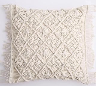 RAKANO Macrame Cushion Cover 16 X 16 Inch Handmade Soft Boho Cotton Pillow Case for Sofa Set Bed Living Room Bedroom in Premium Canvas Fabric with Back Zipper, Off-White, 1-Piece, 1 tc