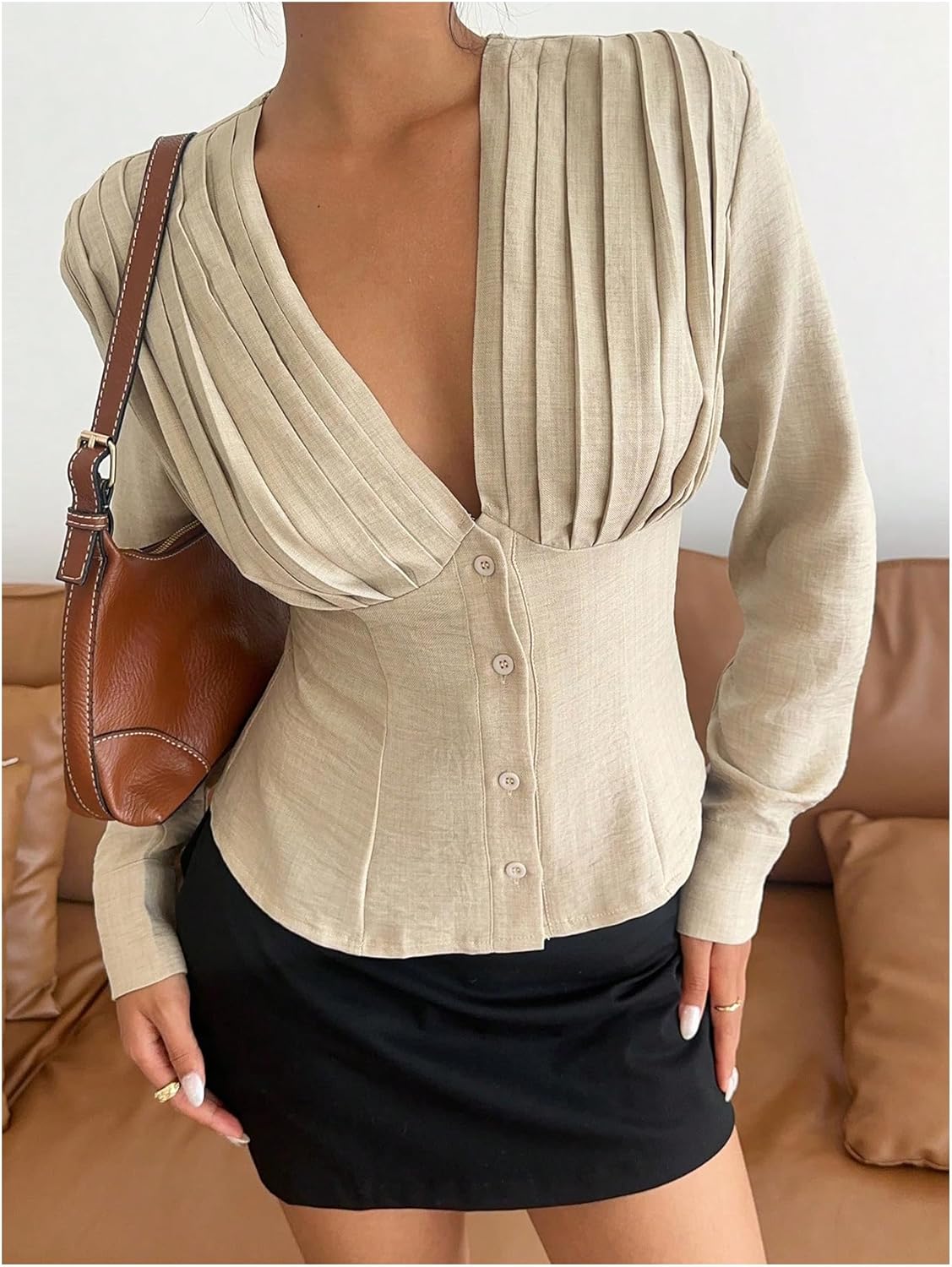 SweatyRocks Women's Deep V Neck Pleated Button Down Shirts Long Sleeve Fitted Going Out Collared Blouse Top - Image 4