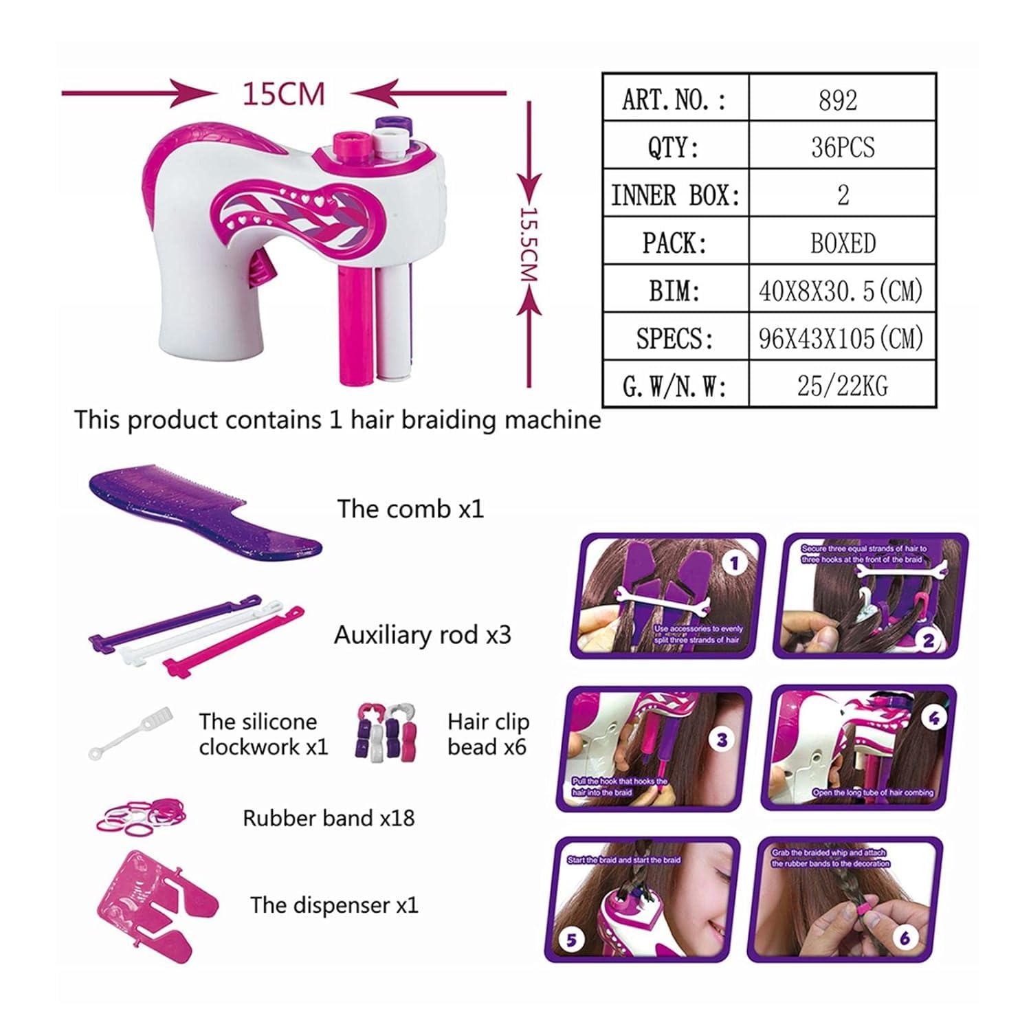 Macchina Automatica per Intrecciare i Capelli per Ragazze, Elettrico Strumento Fai Da Te per Tessere i Capelli, Rosa e Bianco