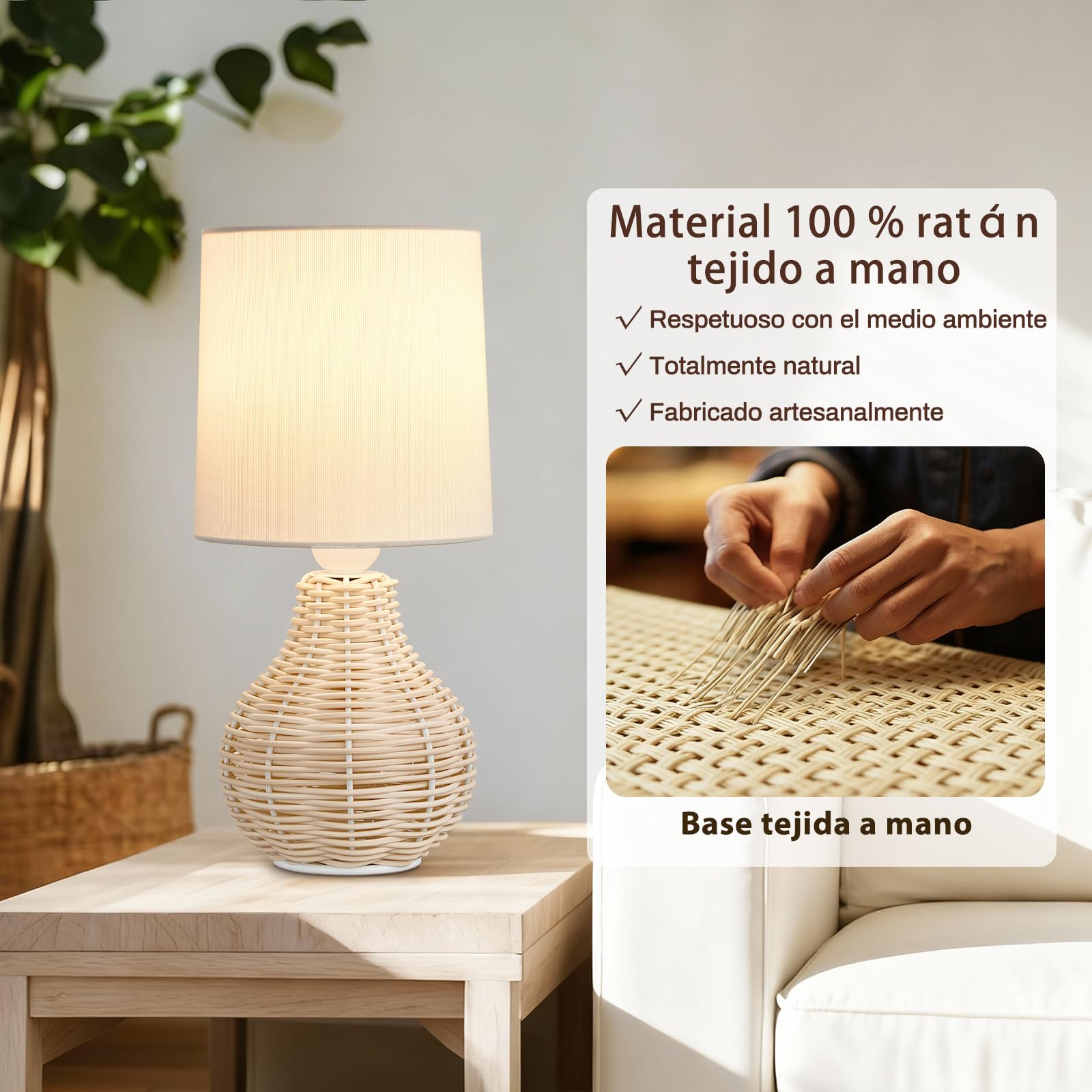 GyroVu Juego de 2 lámparas de mesa bohemias, lámparas de mesita de noche, de ratán, pequeñas lámparas para decoración rústica del hogar, dormitorio, mesita de noche, sala de estar, escritorio de