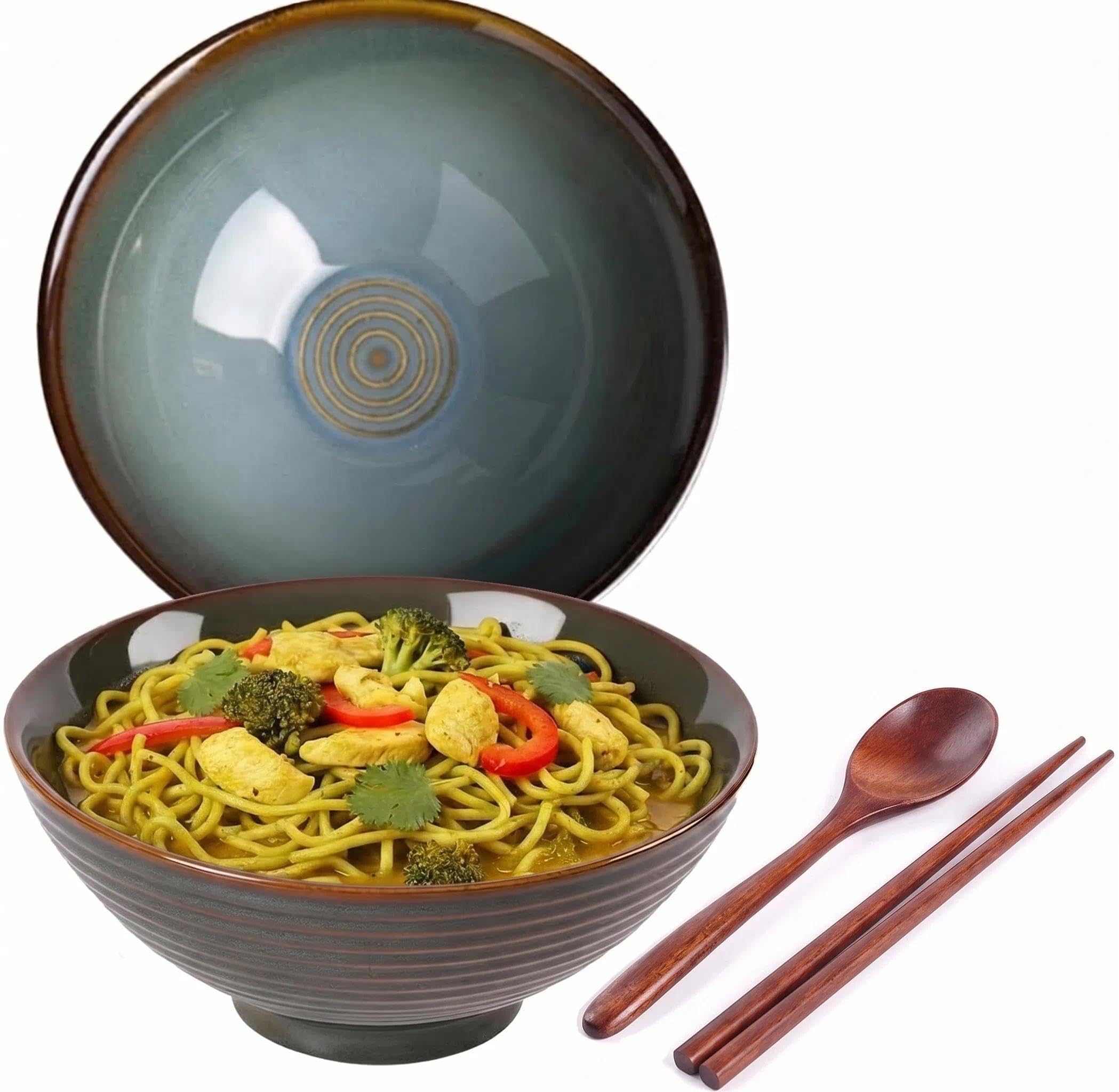 Ramen Bowl - Ciotola da 1200 ml, con bacchette e cucchiai, per zuppa, pasta, macedonia, 2 pezzi (verde retrò)