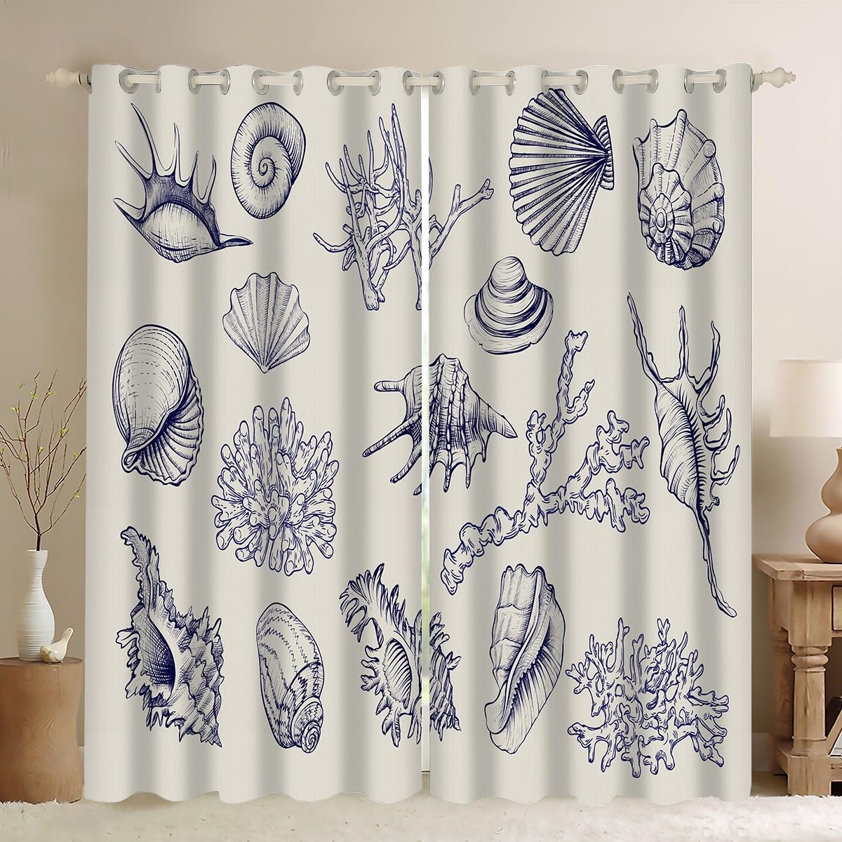 Ykncxzy Blue & White Nautical Curtains, Elegant Beach Coastal Hand-Drawn Marine Life Shell Coral Sea Life Window Drapes Insulated Grommets Curtains for Living Room Home Decor, W46.2 x L72 x 2 Panels