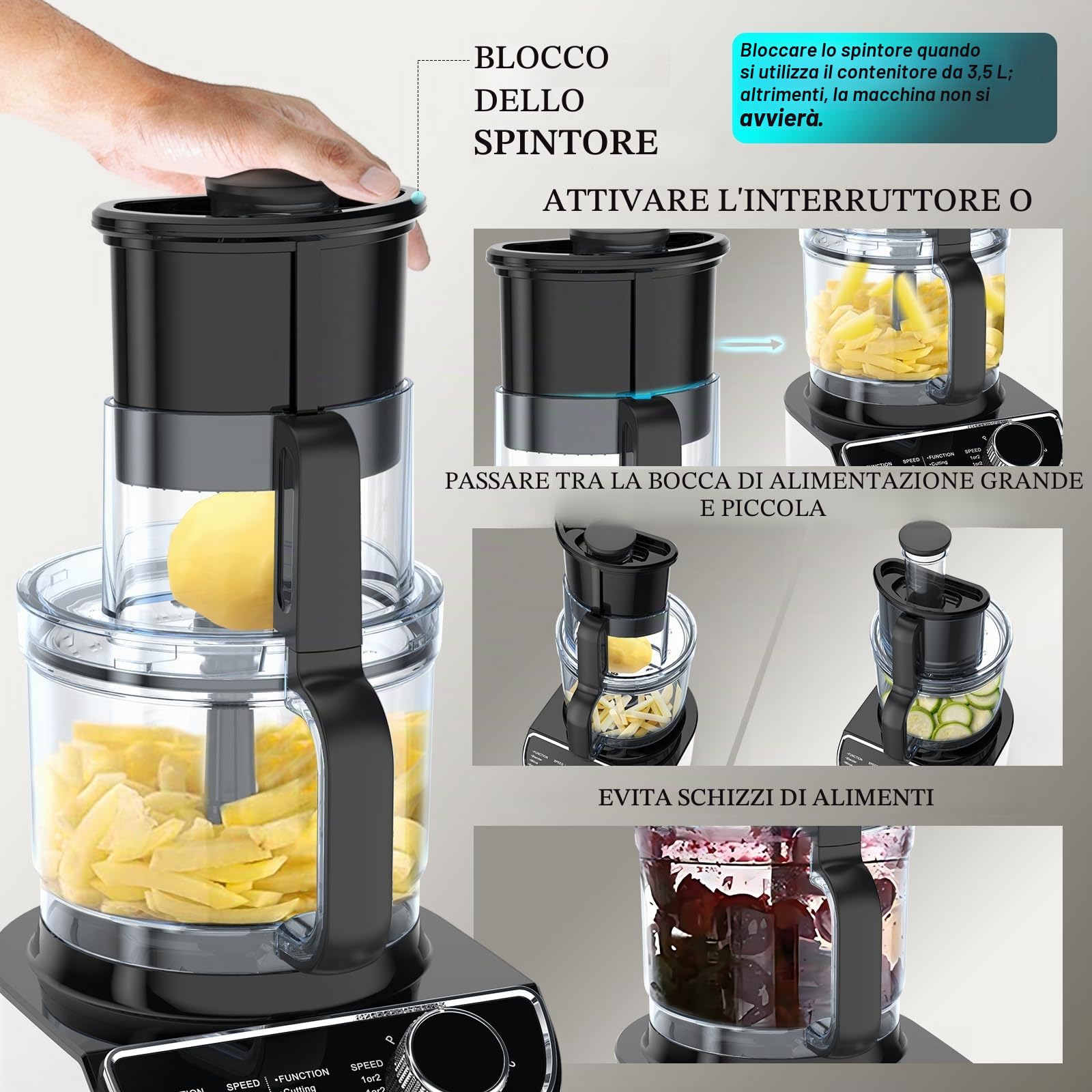 FIMEI Robot da Cucina Multifunzione 1300W, 3 Velocità e Funzione Impulso, Tritatutto 3,5L, Frullatore 1,5L, Smerigliatrice, Spremiagrumi, Impastatrice, Frusta, Grattugia, Disco Rotante