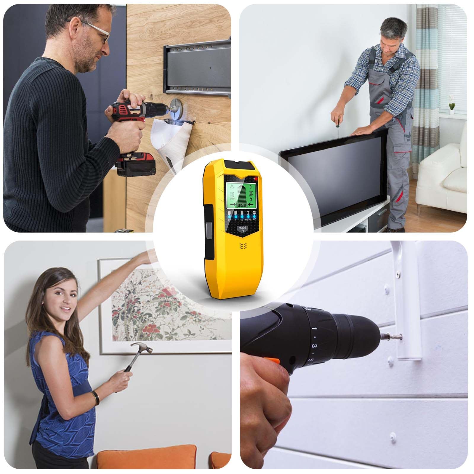 Détecteur de fils 5 en 1 - Scanner mural - Avec écran LCD et alarme sonore - Pour trouver des lignes électriques, des poutres en bois, des tuyaux métalliques, etc. - Jaune