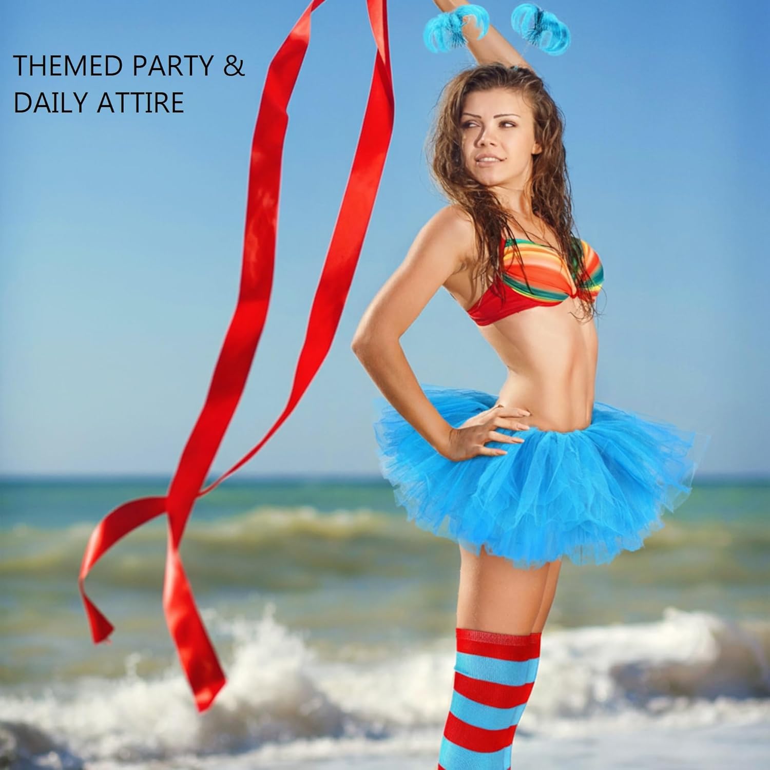 Janmercy Tulle Tutu Costume Set with Skirts Headband Ponytails Long Knee Striped Sock for Women Party Supplies - Image 2