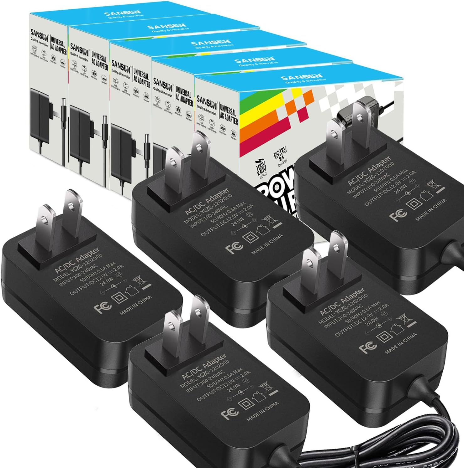 12V 2A Power Supply, AC 120V to DC12V 5.5x2.1mm Jack Converter, 12 Volt LED Driver 24W Adapter Transformer for Strip Lights, Surveillance Cameras, External HDD, Monitor, CCTV (Pack of 5)