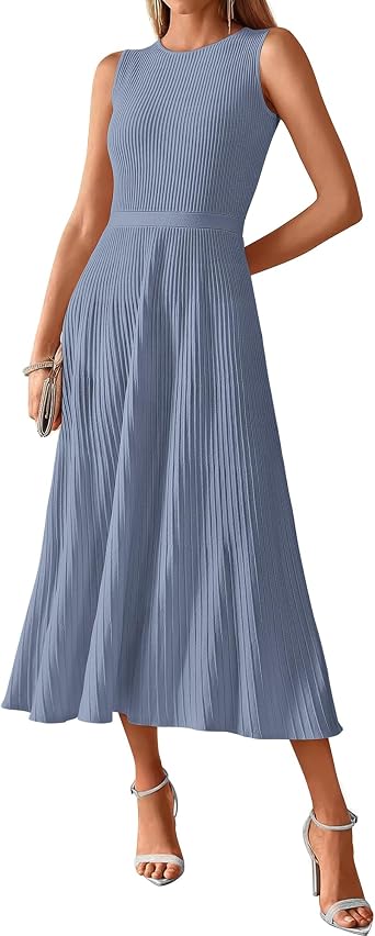 BTFBM Women Tank Midi Dress Summer Crewneck Sleeveless Pleated A Line Business Casual Formal Sweater Spring Dresses 2026