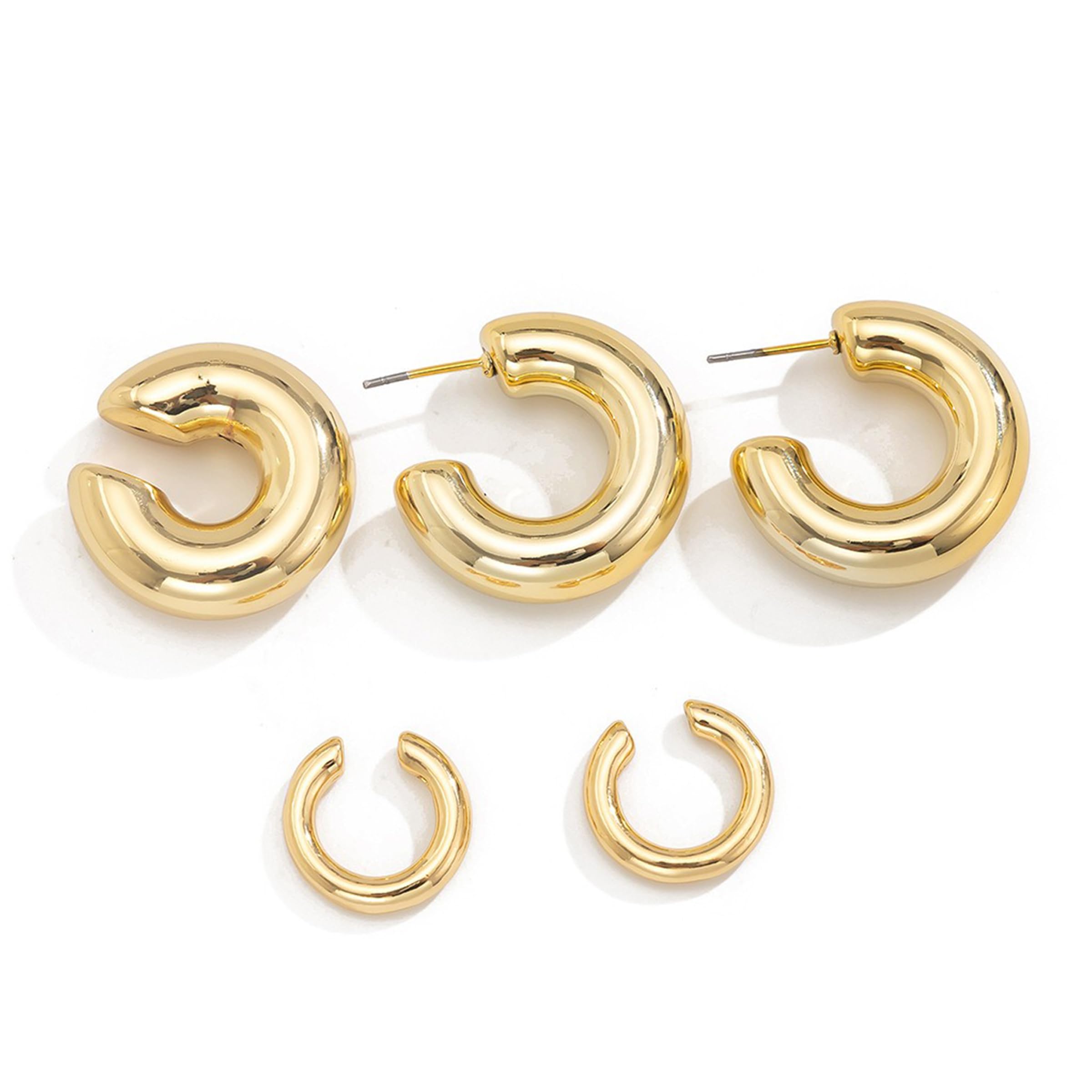 View 1 of 1 Set Statement Gold Tone Round Huggie Hoop Earrings,Chunky Gold Tone Hoop Earrings,Chunky Ear Cuff,Statement Earrings,Earrings Fashion Jewelry,Trendy Party Jewelry Gift(Gold)