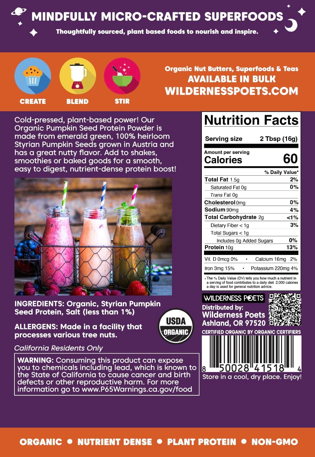 Wilderness Poets, Organic Pumpkin Seed Protein Powder (32 Ounce - 2 Pound) Vegan, Unsweetened, Non-GMO, Dairy Free, 100% Plant Based