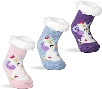 FENELY 3 Pairs Winter Kids Fuzzy Slipper Socks 2-4/4-6/6-8 Girls Boys Thermal Warm Non-Skid,Gifts for Christmas Stocking