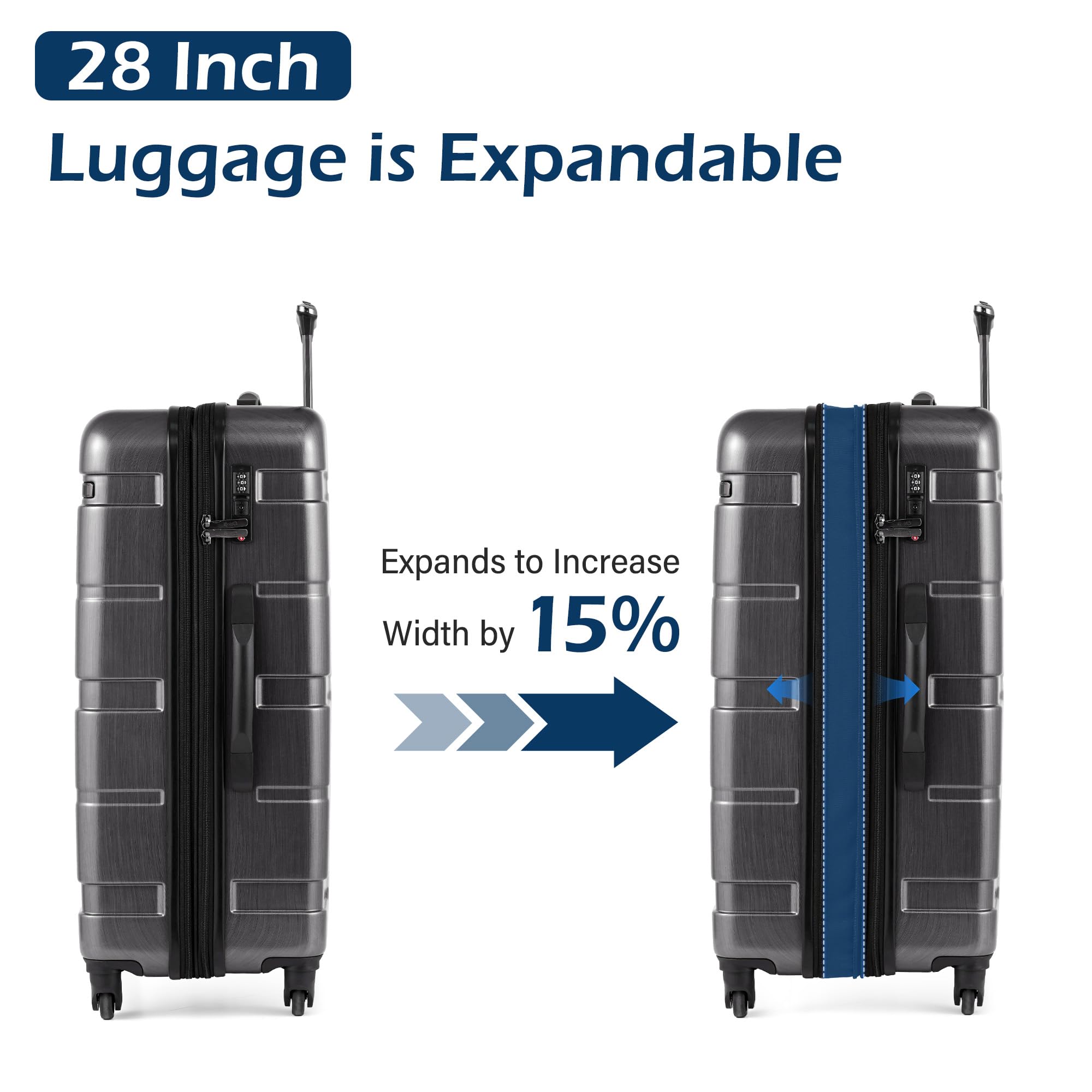 Coolife Luggage Set 3 Piece Hardside PC+ABS Suitcase with TSA Lock, Expandable Large Checked Luggage, Lightweight Rolling Carry On with Spinner Wheels(20/24/28 Inch, Charcoal)