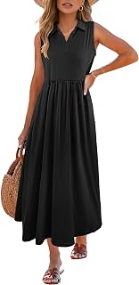 ANRABESS Women Casual Maxi Dress Sleeveless V Neck Summer Beach Sundress | Lightweight Soft Stretchy Loose Swing Aline Flowy Dresses, Polo Collared, Comfort Resort Travel Vacation Party Daily Wear