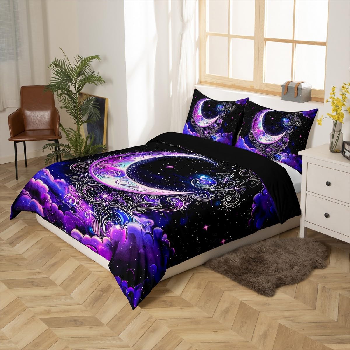 Purple Cloud Duvet Cover Set Toddler Size,Moon Starry Sky Paisley Flower Comforter Cover 2Pcs,Exotic Boho Style Bedding Set Kids Boys Girls Room Decor,Soft Quilt Cover,1 Pillowcase(NO Comforter)