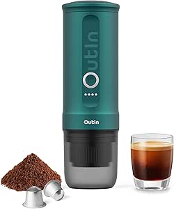 Outin Nano Portable Electric Espresso Machine, Self-Heating, USB-C &amp; Car Charger, 20 Bar Mini Coffee Maker, With Ground Coffee &amp; NS Capsule for Camping, Travel, RV, Hiking, Office