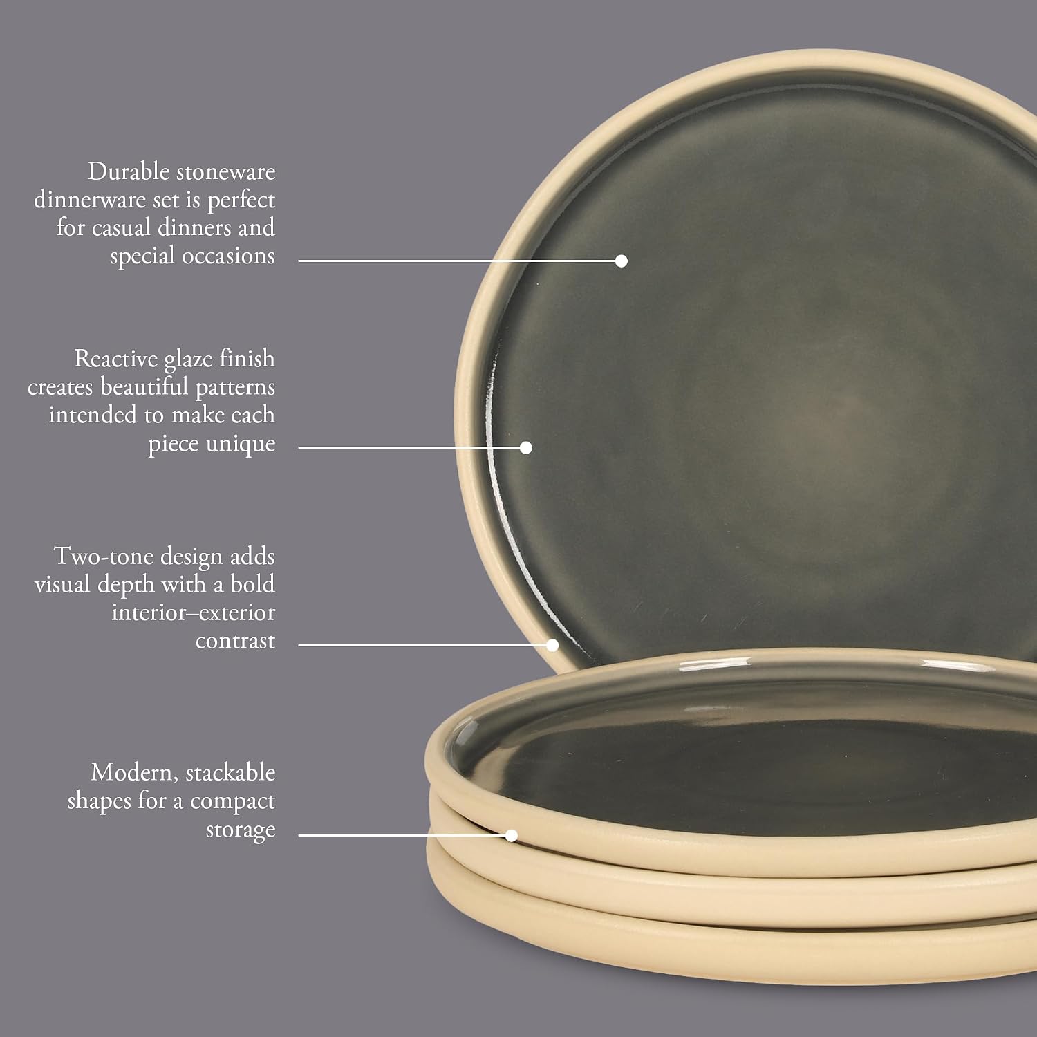 Gibson Elite - Made in Portugal - Port Gaia 10.2 Inch Dinner Plates Set of 4 - Reactive Glaze Dish Set - Blue