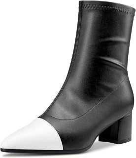 Women Chunky Block Mid Heel Pointed Toe Ankle Boots Short Bootie Zipper Patchwork Casual Cute Boots