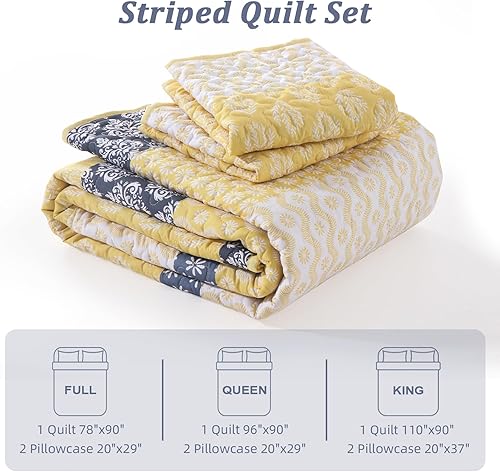 Miniatura 8 de Cottolester Juego de edredón estilo bohemio tamaño queen, colcha a rayas amarilla, ropa de cama de microfibra ligera y suave (3 piezas) 96"x90"