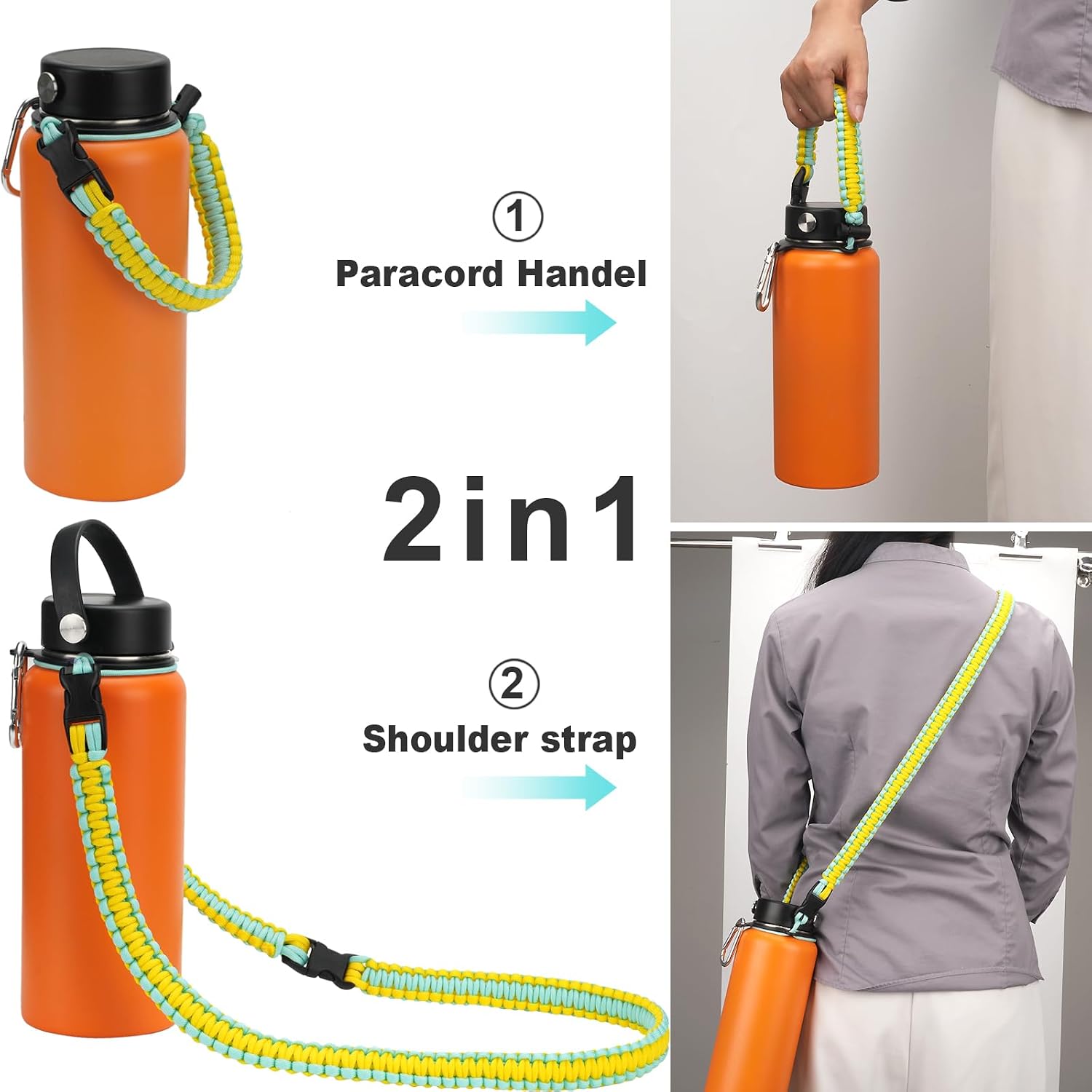 Wongeto Paracord Handle Carrier Holder with Shoulder Strap,Compatible with Hydro Flask Wide Mouth Water Bottles image 2