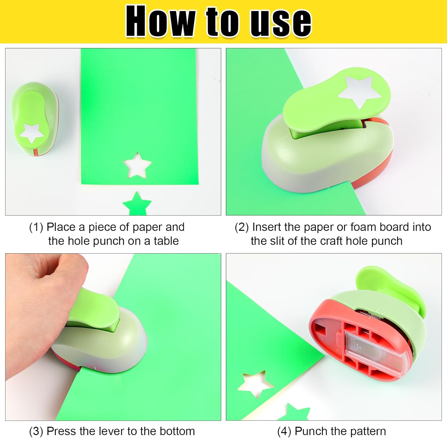 CHENGU 3 Sets Star Shaped Craft Hole Punch 2, 1 and 5/8 Inch Punch Paper Punchers with 10 Pcs Sticker, Cutter Purple Green Yellow for Card Making Scrapbook DIY Albums Photos Office Supplies