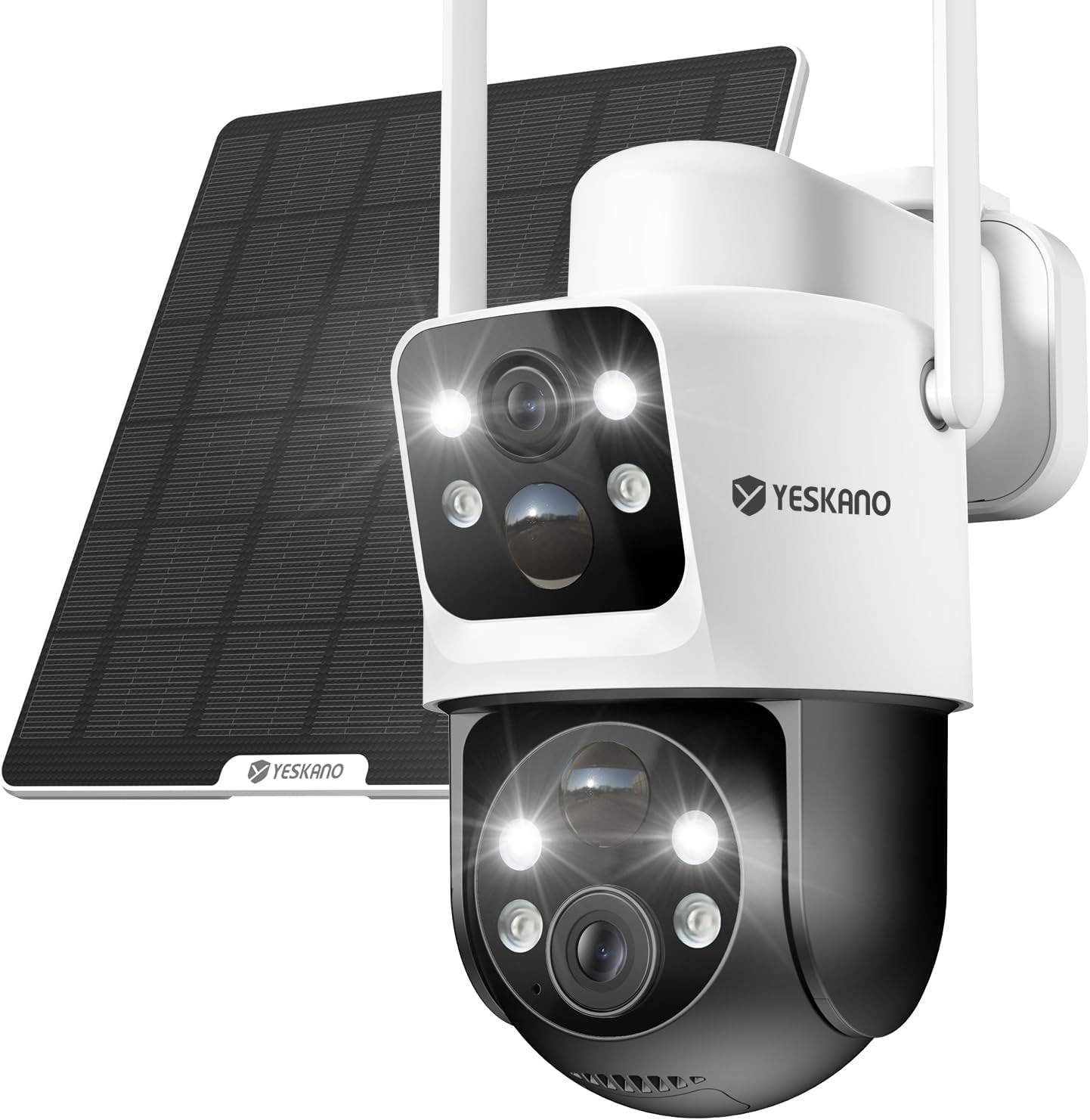 2K Outdoor WiFi Surveillance Camera, 360°PTZ Wireless Surveillance Cameras Solar 6W, Dual Lens with Fixed Monitoring and Mobile Tracking, Two-Way Audio, Color Night Vision, IP66, 2.4GHz WiFi Global Recycled Standard Global Recycled Standard Global Recycled Standard