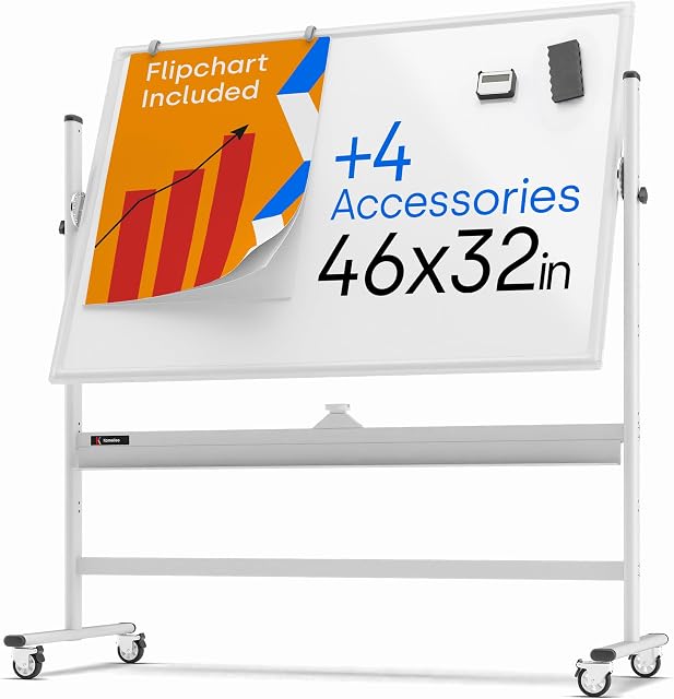Rolling Magnetic Whiteboard 1160x800mm - Large Portable Dry Erase Board with Stand - Double Sided Easel Style Whiteboard with Wheels - Mobile Standing Whiteboard for Office, Classroom & Home