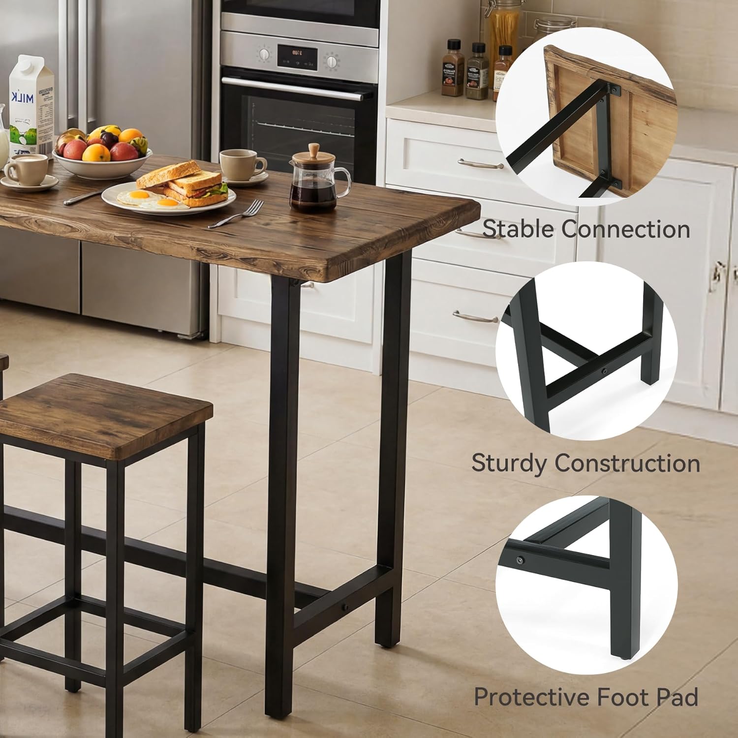 LITTLE TREE Solid Wood Counter Height Table with Metal Footrest - 63-Inch Long Bar Table for Home, Seats up to 6, Easy Assembly, Brown + Black