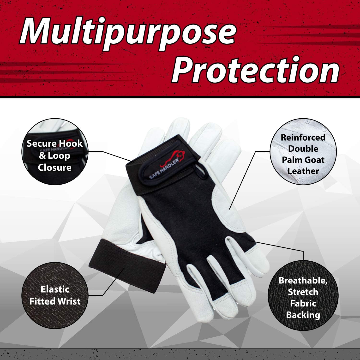 SAFE HANDLER Keystone Reinforced Gloves with Reinforced Double Palm Protection | Breathable, Stretch Fabric Backing, Secure Hook & Loop Closure, Goat Leather, L/XL, Case of 100 Pairs (200 gloves)