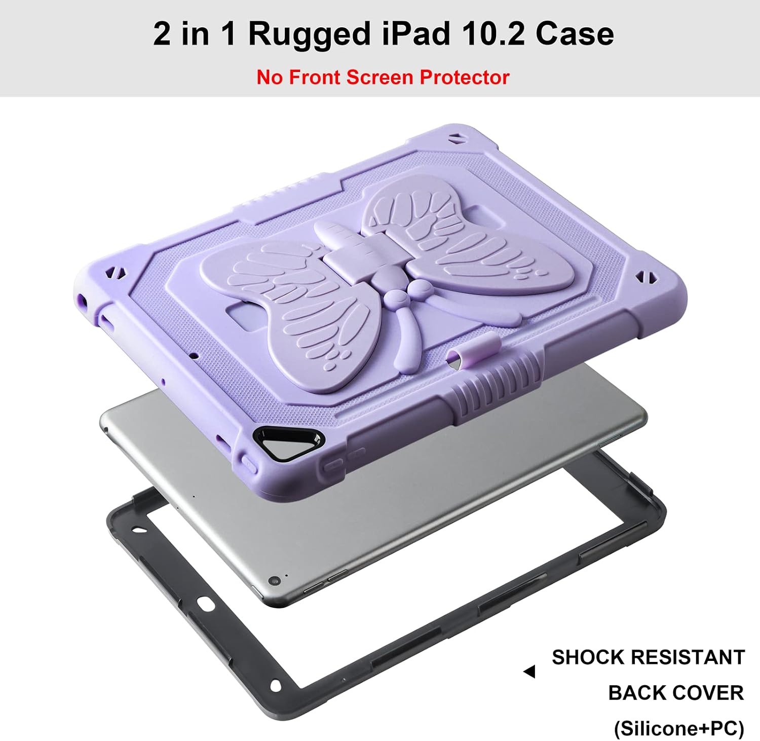 for iPad 9th 8th 7th Generation Case with Kickstand Butterfly Wings Pencil Holder, iPad 10.2 Case Heavy Duty Rugged Protective Cover Kids Girls for iPad 9th/8th/7th Gen (2021/2020 / 2019)-Purple